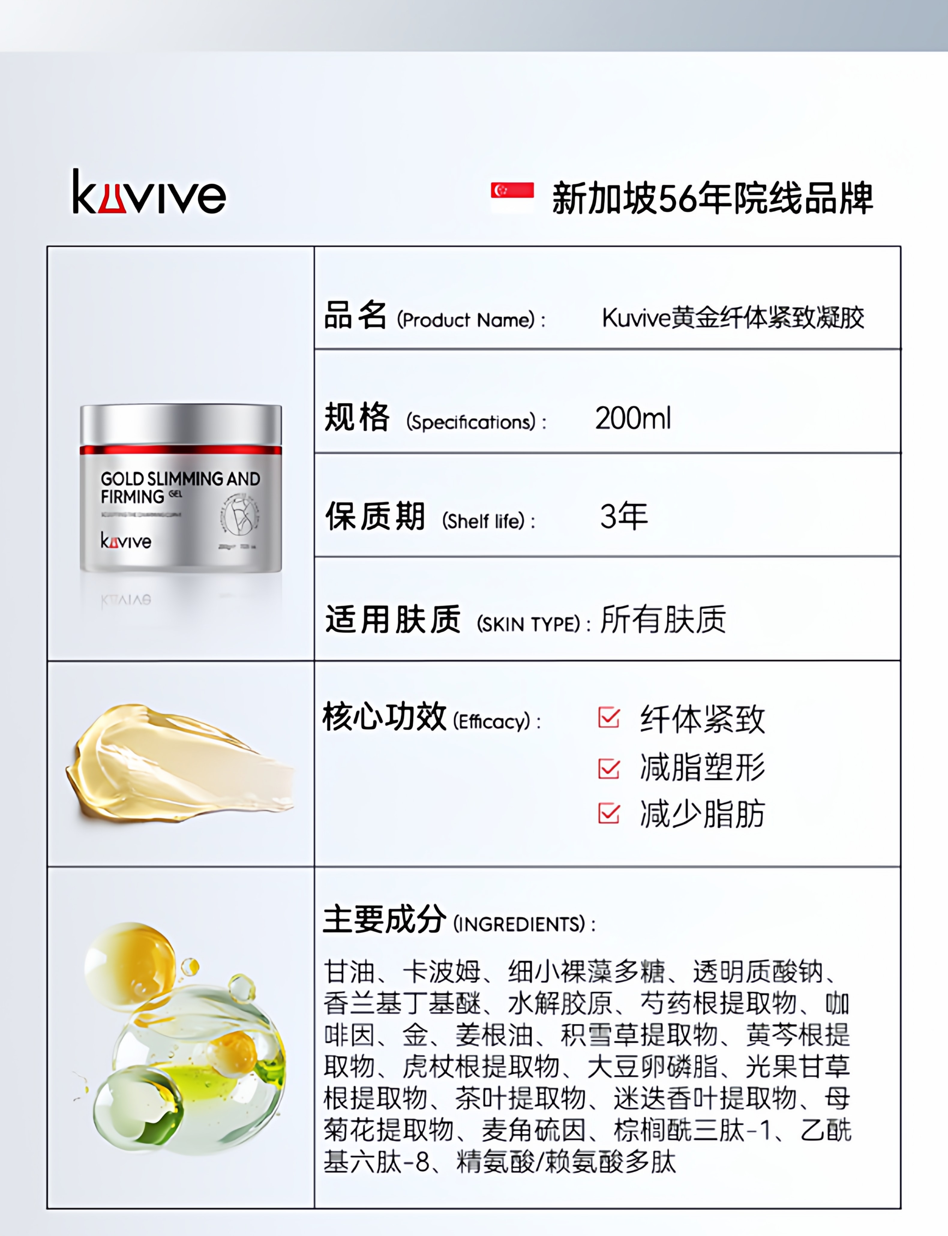 【中国直邮】 新加坡 Kuvive 燃脂膏 产后懒人大肚子松弛收紧致霜 全身手臂腿脱脂塑形纤体膏正品 200g/瓶