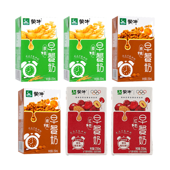 蒙牛 原麦早餐奶+核桃牛奶+红枣早餐奶 250ml*6【3种口味组合装】【专为早餐研制】