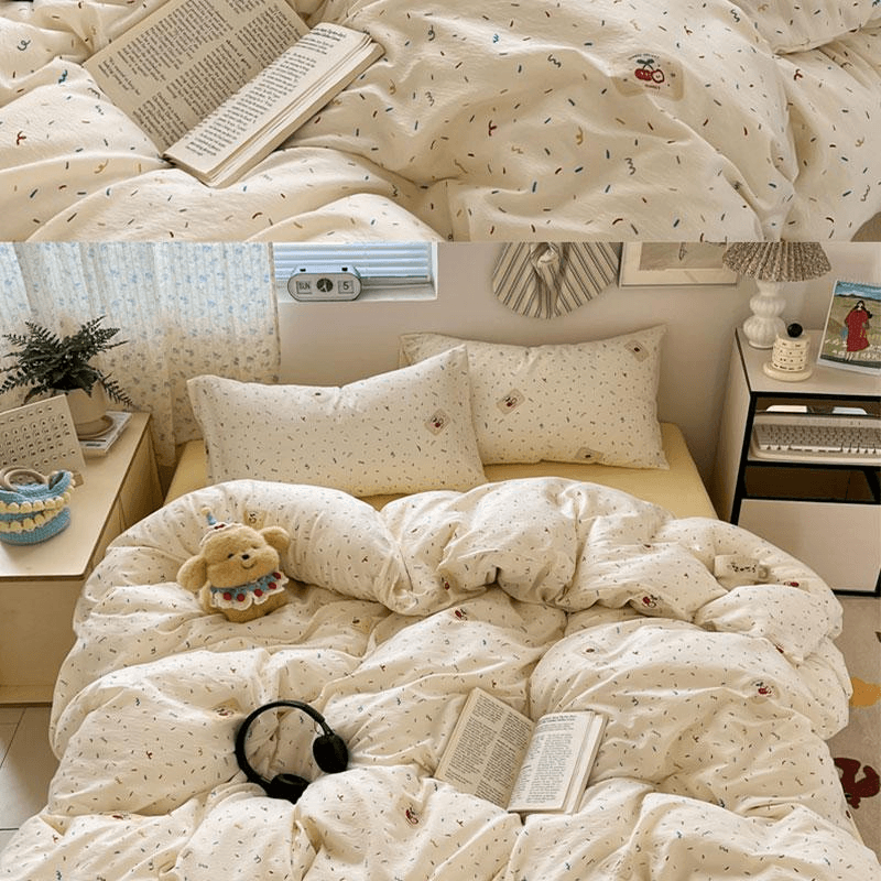 Lullabuy 奶油泡泡純棉床上四件套 床單被套枕頭套-Double/Queen Size