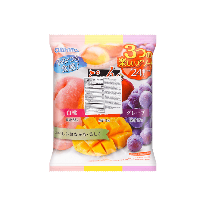 【0脂低卡】日本ORIHIRO 蒟蒻水果果冻 混合口味 20g*24枚装【蜜桃+芒果+紫葡萄】