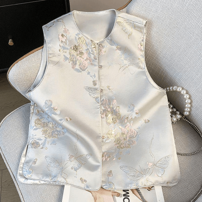 【中國直郵】 ASIS 風盤扣提花刺繡唐裝馬甲套裝女-杏色 M