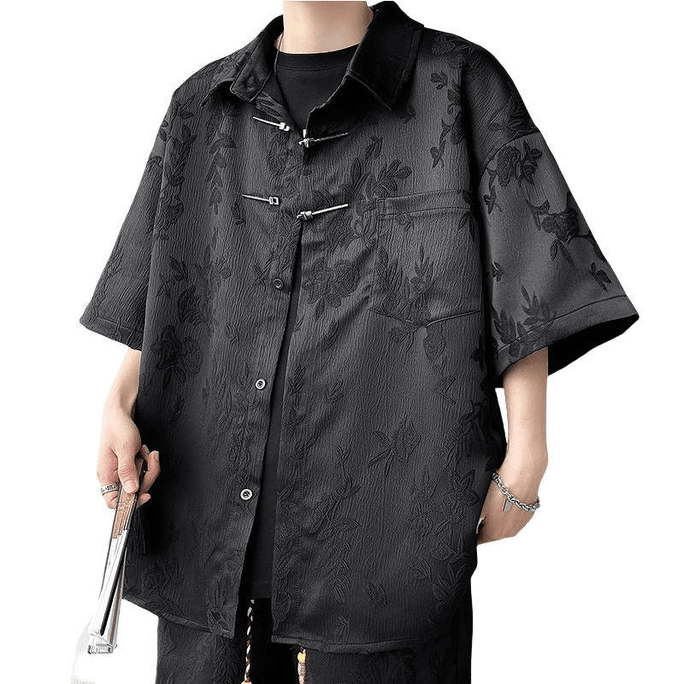 【中國直郵】 ASIS 新中式提花金屬盤扣口袋男士寬鬆襯衫-黑色 5XL