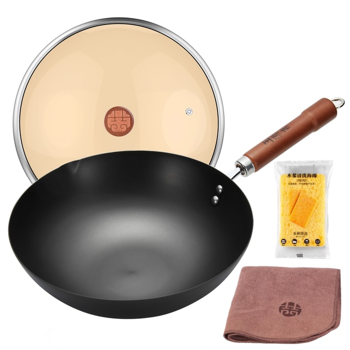 WANGYUANJI Chinese Cast Iron Wok Carbon Steel Pan with Lid Flat Bottom No Chemical Coated for All Stoves 30cm