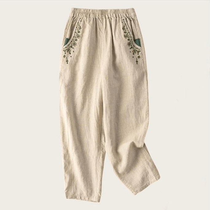Women Vintage Embroidered Loose Harem Pants Casual Cropped Pants Beige 2XL