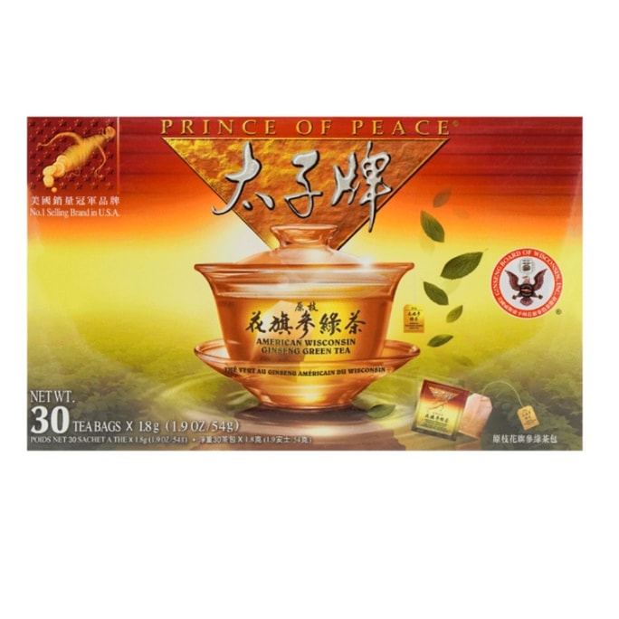 美國 太子牌 花旗參綠茶 30包-100% 純天然無咖啡因滋補舒緩、益氣提神花香馥鬱優質草本茶 日常養生必備
