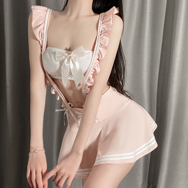 【PinklemonLA】 Pure Desire セーラー服 チューブトップ 透かし彫り 蝶結び バックレス 学生服 セクシーランジェリー - ネイビーブルー 12