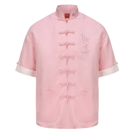 Chinese Peach Blossom Embroidered Print Retro Button Short Sleeve