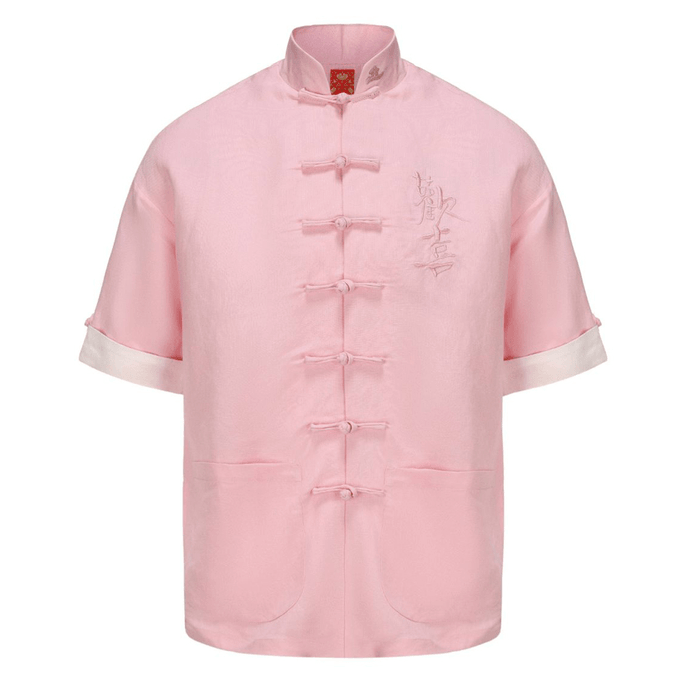 Chinese Style Loose Fit Retro Button Flax Short Sleeve Tang Costume Shirt For Men Women-Pink,Medium