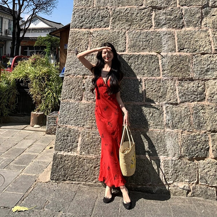 Rose red V-neck elegant waist-fitted hip-hugging slip dress vacation dress Red XS 1 piece 6