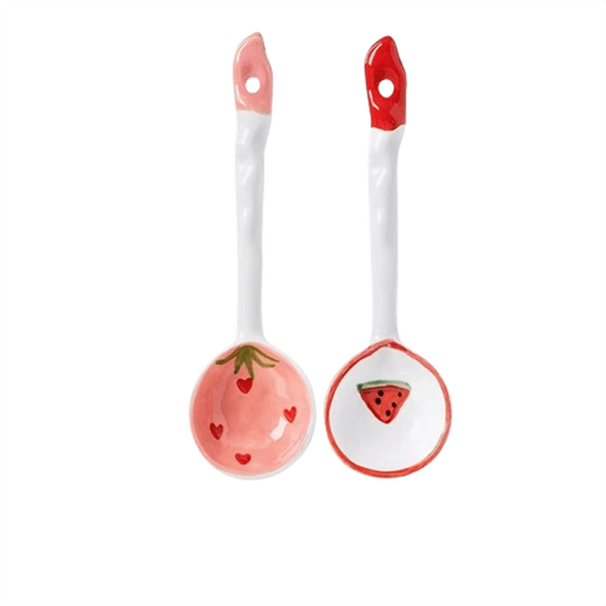 【中国直邮】 居家家 陶瓷勺子日式饭勺长柄勺家用高颜值汤匙调羹厨房喝汤小勺子 草莓+西瓜*1