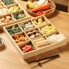 川岛屋 九宫格托盘 火锅格子 竹木配菜盘拼盘餐具茶点心盒 带9个小碟子 B款