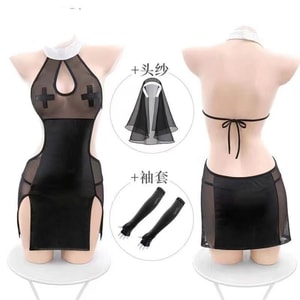 【핑크레몬LA】 홀터넥 레이스 시스루 메쉬 자수 치파오 섹시 란제리