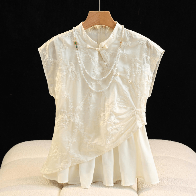 【中國直郵】 ASIS 風刺繡盤扣假兩件無袖上衣背心 2XL