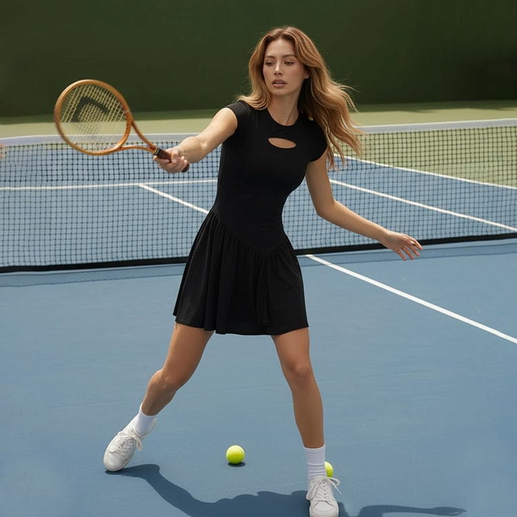 中国直邮】 HSPM ヨガ・テニスウェア 1セット 黒ワンピース+インナー