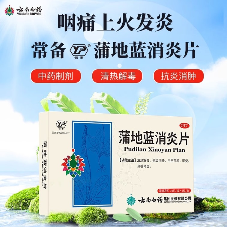 【中国直邮】 云南白药 蒲地蓝消炎片 清热解毒 消炎消肿 咽炎 扁桃体炎 0.3g*48片/盒 3