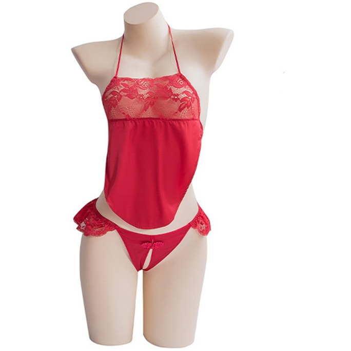 Sexy Lingerie Rose Lace Up Hanging Neck Split Belly Pocket Open Crotch Uniform Red One Size