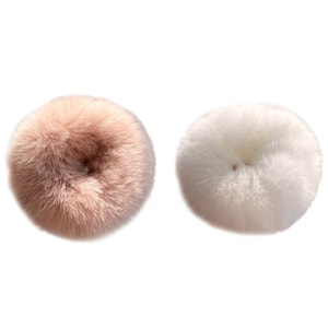 French Retro Cute Minimalist Real Rex Rabbit Fur Scrunchie, White + Pink F 2 Pcs Set