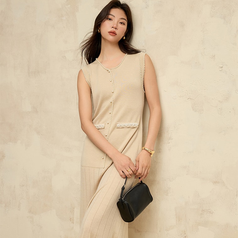 New Heavy Industry Dingzhu Xiaoxiangfeng Knitted Dress Sleeveless Vest Skirt Impression Rice L 5
