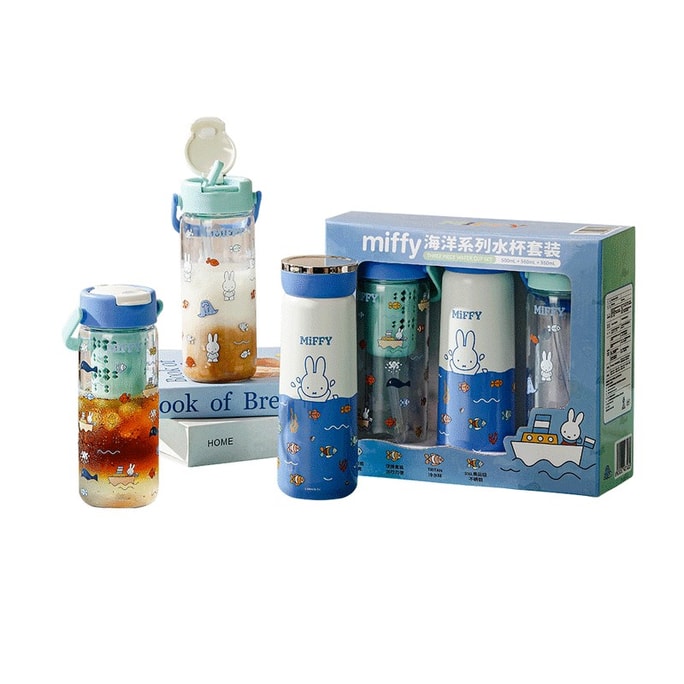 【香港からの直送】ミッフィー ウォーターボトルセット、オーシャンシリーズ：500ml 保温ボトル + 550ml 保冷ボトル 2本、かわいい漫画柄の携帯用ウォーターボトル（家庭用）
