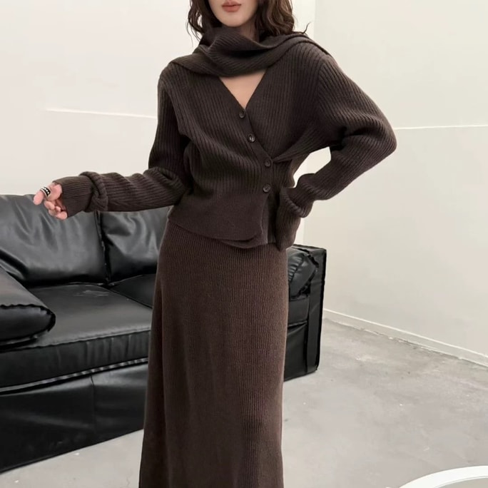 【加拿大直郵】 加拿大 SCENARIO 韓系 羊毛混紡 針織收腰三件套裝 均碼 三色 褐色 均碼