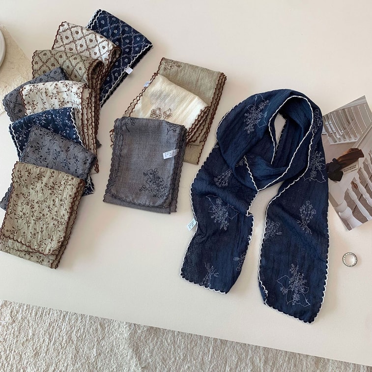 Sophisticated Retro Scarf, Cotton Linen Striped Long Skinny Scarf, White   Coffee Floral F 1Piece 4