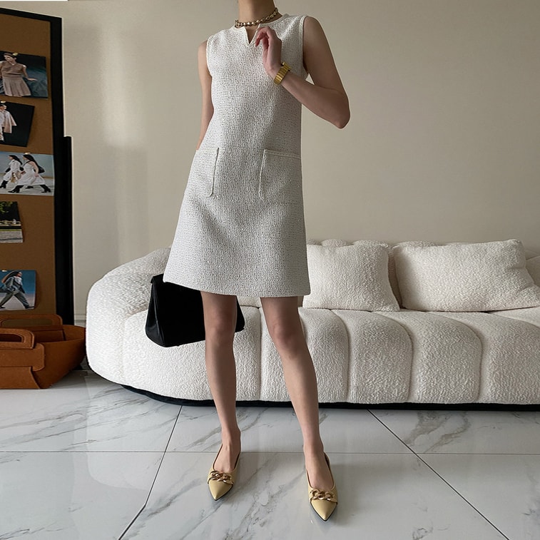 Full Sequin Embroidery Classic H Cut Tweed French Sleeveless Dress Tweed Style Off White M 6