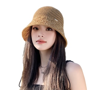 【中国直邮】 HSPM 编织镂空透气显脸渔夫帽防晒出游遮阳帽 卡其 F 1个