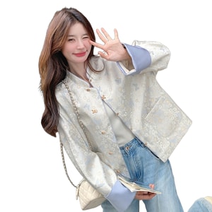 Neo-Chinese Style Jacket - Guochao Satin Printed Paneled Jacket, Fashionable Age-Reducing Short Bomber Top Blue S