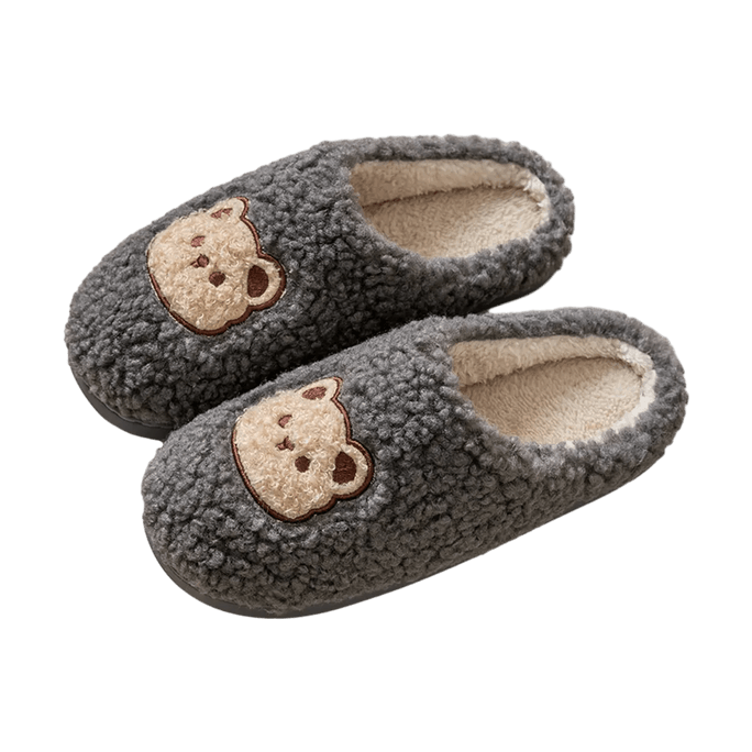 Grey Bear Cotton Slippers Soft Plush Non-slip Warm Size 6.5-7.5