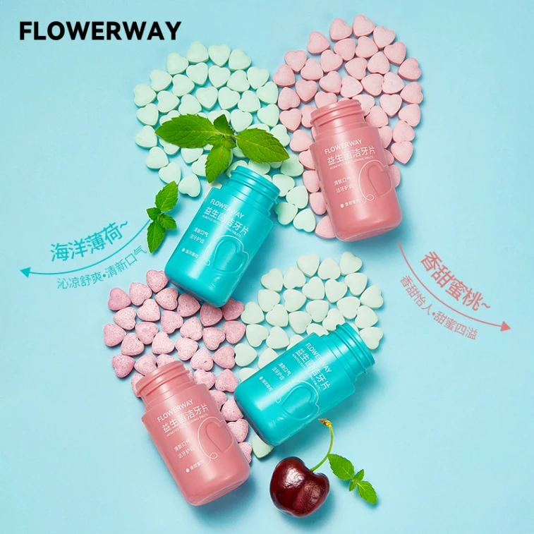 플라워웨이 스위트 피치 프로바이오틱 치약 정제 25g/35정 | 달콤한 복숭아 향, 입 냄새 제거 | 프로바이오틱 성분 함유 | 순한 세정력 | 기분 좋은 과일 향 | 휴대하기 편리한 용기 4