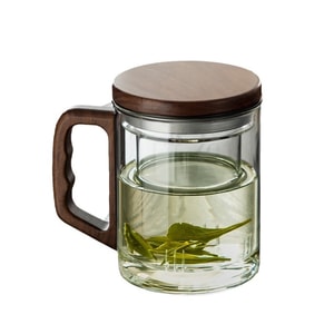 Glass Tea Cup High-Temperature Resistant Tea-Water Separation Creative Walnut Wood Handle Tea Brewing Water Cup 400ml
