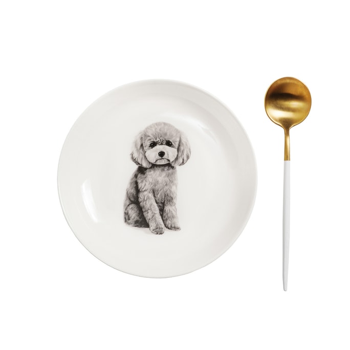 Petorama陶瓷宠物肖像中间印花8“圆形餐盘+陶瓷把手金色不锈钢餐勺套装-灰色贵宾犬