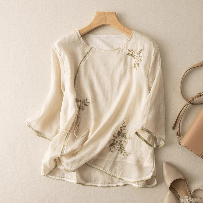 【中國直郵】 ASIS 棉麻刺繡中袖T卹上衣-杏色 XL