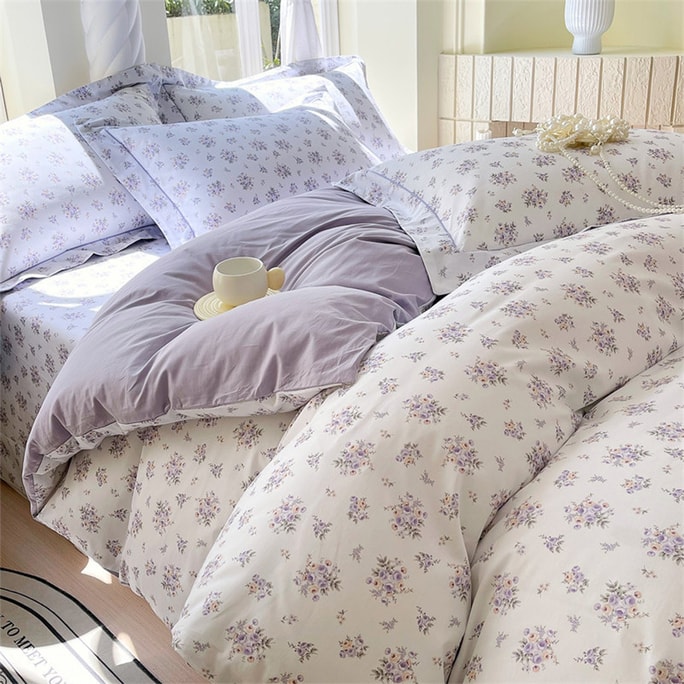 New Custom 100% Cotton 4-Piece Bedding Set For North America, Purple Rose Gentle Floral Collection, US King Flat Sheet Style, Duvet Cover Size 270×230cm