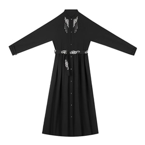 New Chinese Style Waist Cinched Stand Up Collar Dress In Dark Black S