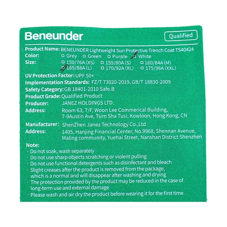  여성용 가벼운 중간 길이 자외선 차단 의류 화이트 165/88A(L) 7