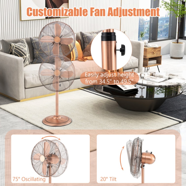 16 Pedestal Standing Fan Oscillating Pedestal Fan With 3 Speeds And Adjustable Height-Copper 6
