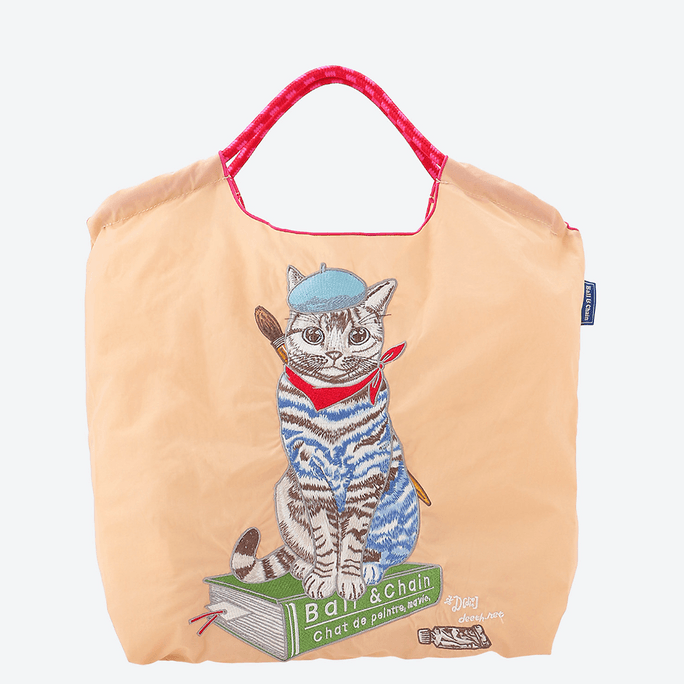 Ball Chain Embroidered Reusable Bag Beige Painter Cat Medium