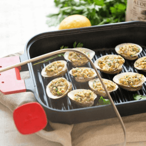 日本UCHICOOK 双耳方形烤盘 蒸烤焗锅 户外便携锅具牛排盘  带透明玻璃盖 红把手