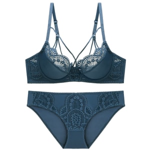 Women's sexy lingerie lace thin top support bra comfortable and breathable bra set navy blue 70B