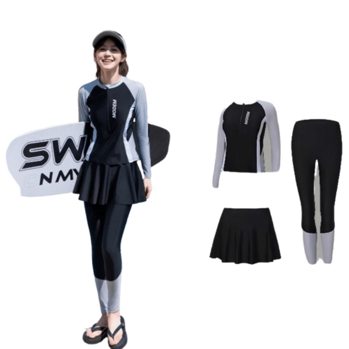 Split Swimsuit Long Sleeve Long Trunk Sunscreen Slim Surf Wetsuit Black Grey 3 Piece Set  2XL(Recommended 125-140kg)