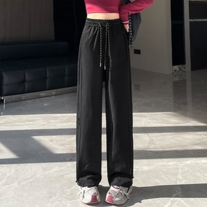 New Retro Sports High Waisted Workwear Style Slimming Straight Leg Casual Pants Black S