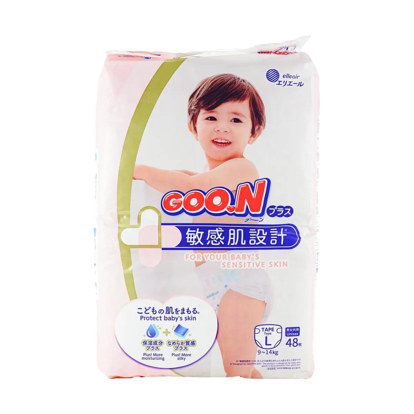 日本GOO.N大王 PLUS 敏感肌設計 嬰兒腰貼紙尿褲 尿不濕尿布 男女通用 L碼 9-14kg 48枚入