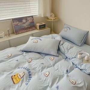 자장가 빵 토끼 세탁 코튼 자수 타월 4종 침구 세트 (시트 1개 + 이불 커버 1개 + 베개 커버 2개) - 블루 - 퀸 사이즈