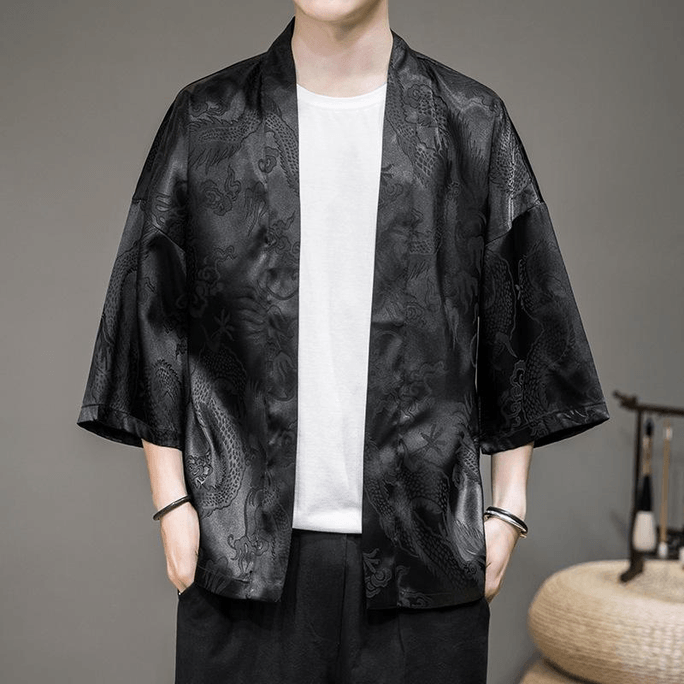 【中国直邮】 ASIS 风夏季冰丝提花宽松汉服开衫-黑色 M