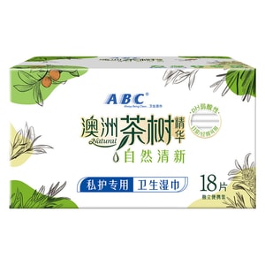 オーストラリア産ティーツリーエッセンス配合のABC生理用ナプキンは、お肌に優しく、デリケートゾーンの汚れをしっかり拭き取ります。お肌に優しく、大腸菌、黄色ブドウ球菌、カンジダ菌の繁殖を防ぎます。抗菌作用で、かゆみを抑えます。洗濯不要。個包装。1パック18枚入り。
