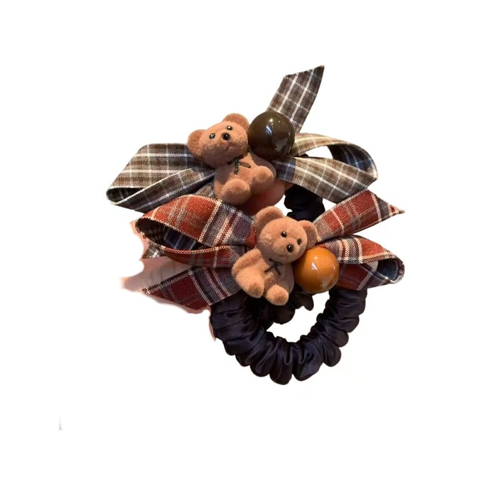 Plaid Bow Velvet Teddy Bear Hair Tie Korean Style Cute Versatile Ponytail Hair Accessory Autumn and Winter New Hair Ties, Set of 2