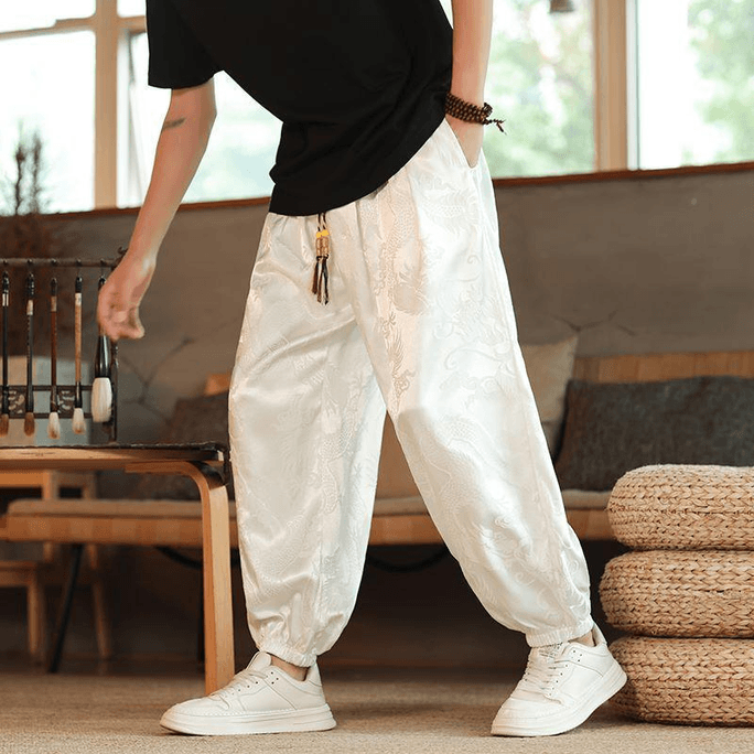 Chinese Style Dragon Jacquard Loose Bloomers Cuffed Casual Pants for Men White 4XL