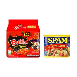 Korean 2x Spicy Buldak Noodles Hot Chicken Flavor Ramen 5 Packs* 4.93oz+Luncheon Meat Ham,Low Sodium 12oz【2 Combo Packs】