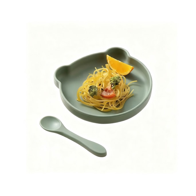 婧麒 宝宝餐盤矽膠吸盤一體式自主進食防摔兒童小熊餐具輔食碗嬰兒 牛油果綠+勺【食品級矽膠餐盤】 1件